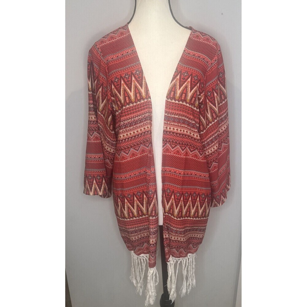 R Cinco Ranch Womens Southwest Western Red Patterned Sheer Open Front Cardigan S